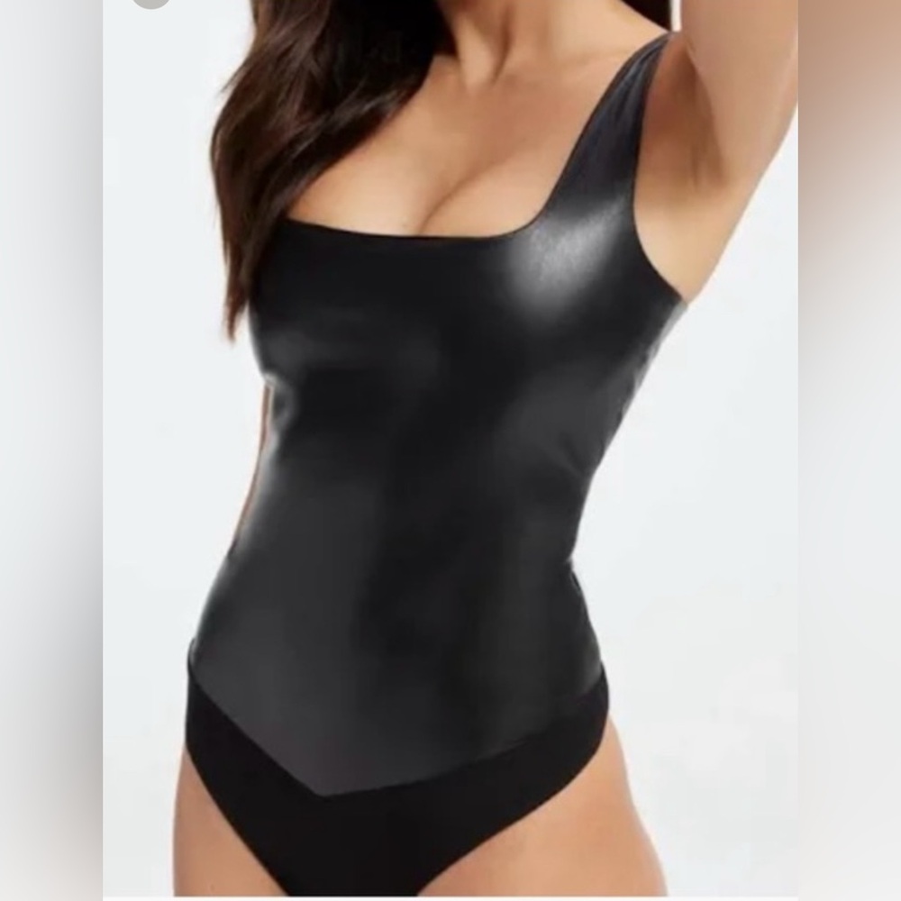 Good American Black Faux Leather Scoop Neck Bodysuit
